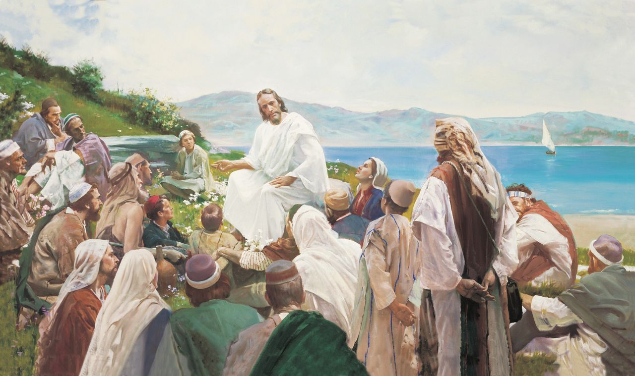 Ježíš Kristus pronáší Kázání na hoře, které je biblickým učením pro dnešní dobu