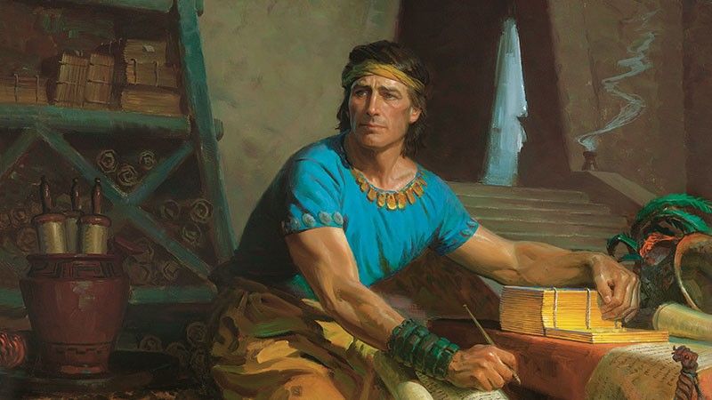 Mormon, hlavní autor Knihy Mormonovy, přepisuje zlaté desky v jeskyni